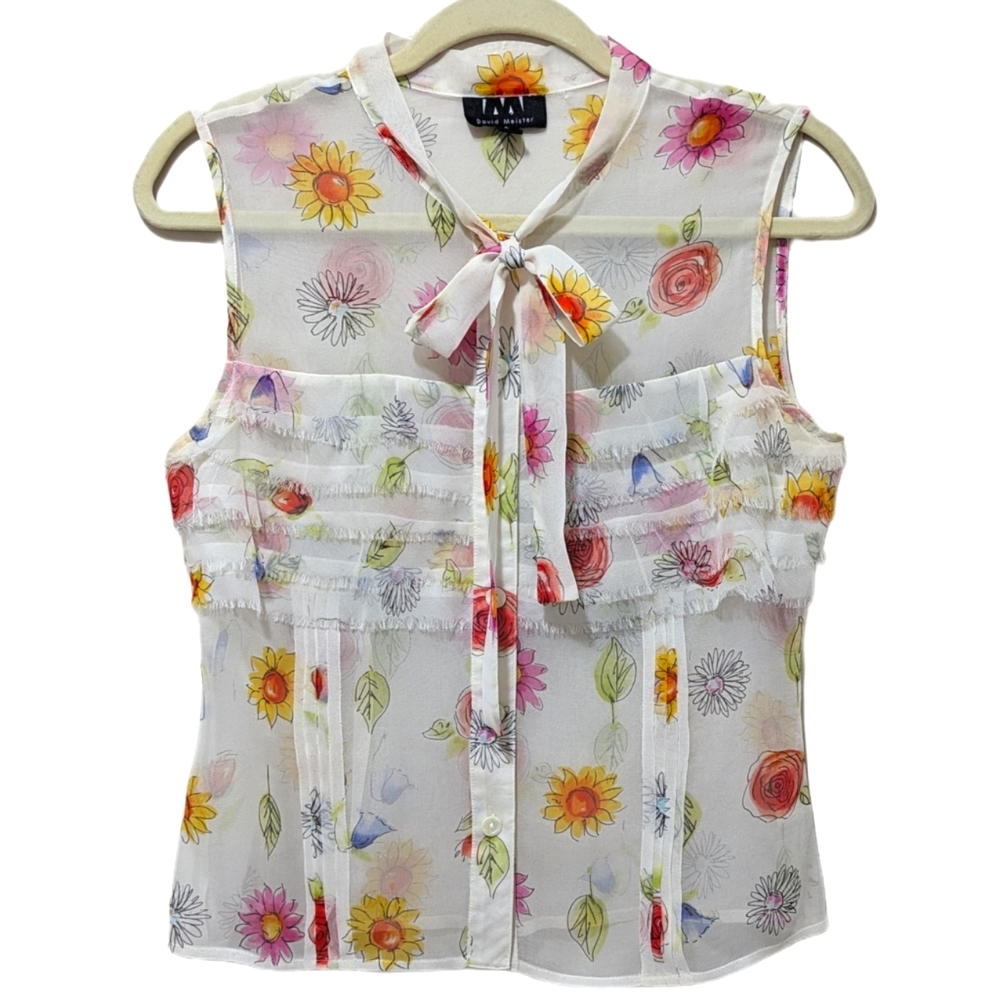 David Meister 100% Silk Sheer Ruffle Sleeveless Blouse Size 6